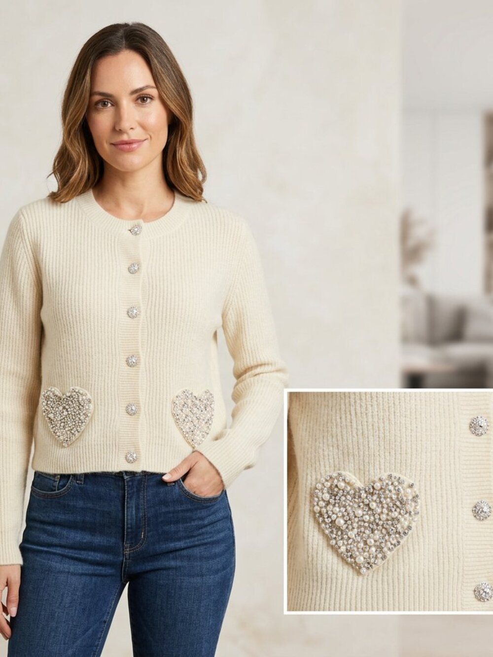 Cece Rhinestone Heart Pocket Cardigan Cream Small